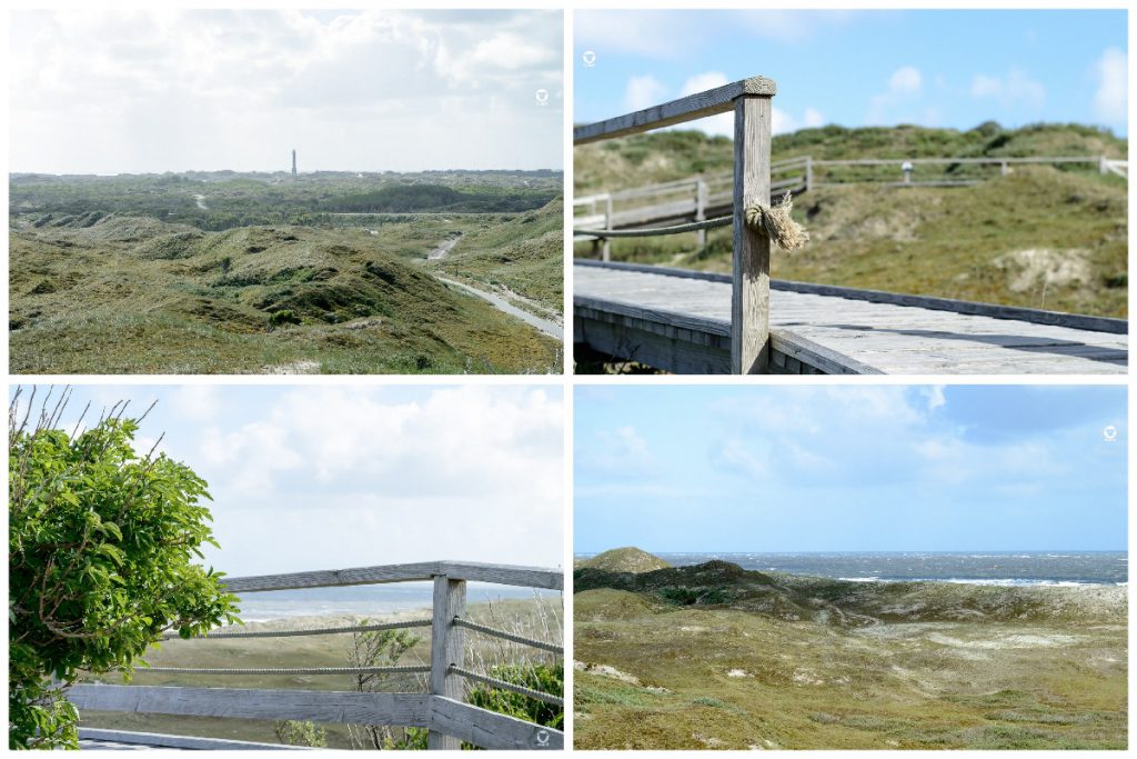 Aussichtsplattform Zuckerpad - Holzbohlenweg und Aussicht auf Meer, Dünenlandschaft und Leuchtturm